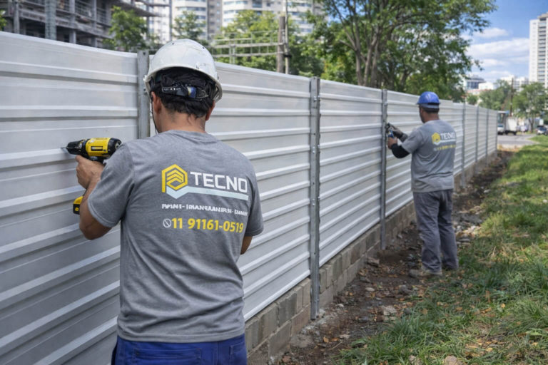 Equipe da Tecno Portões instalando tapume metálico em obra